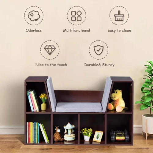 Miniatura 5 de Costzon Estantería infantil con rincón de lectura, estantería de 6 cubos con cojín de asiento suave, organizador de almacenamiento de juguetes