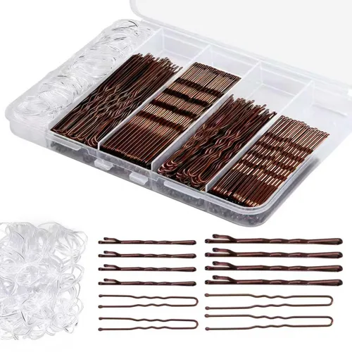 Kit de 300 horquillas para el cabello con caja de almacenamiento, 100 pasadores antideslizantes marrones, 100 horquillas invisibles para mujeres y