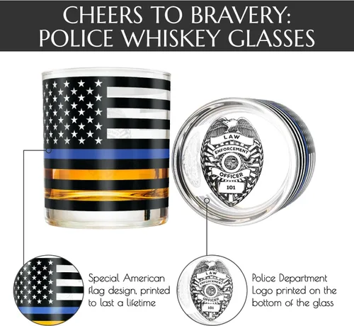 Miniatura 4 de Greenline Goods Thin Blue Line - Vasos clásicos de 10 onzas con diseño de oficial de policía, whisky, estilo antiguo, con gráficos de bandera