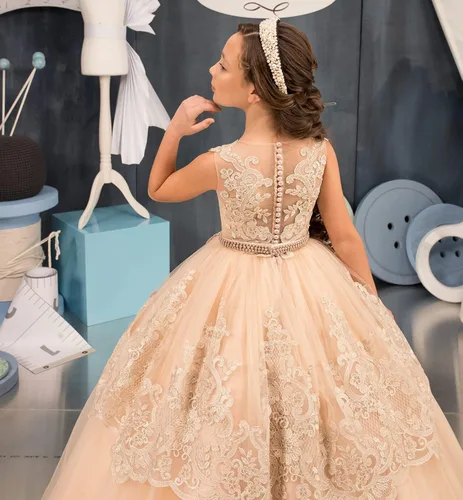 Miniatura 3 de Uzqast Apliques de encaje vestidos de niña de flores de tul princesa vestido de fiesta de boda con cinturón de perlas