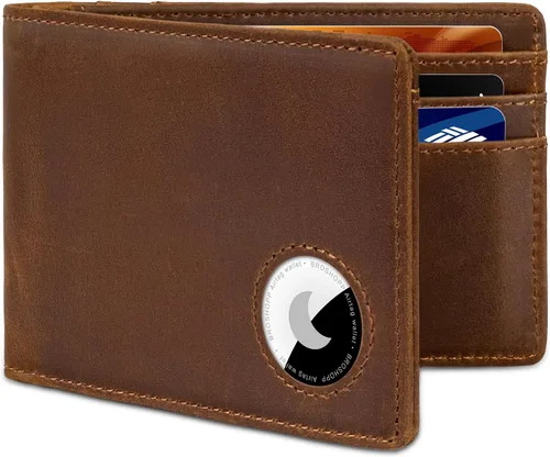 Billetera AirTag para hombre, de piel auténtica plegable con bloqueo Rfid AirTag con ranuras para efectivo y ventana de identificación, compatible