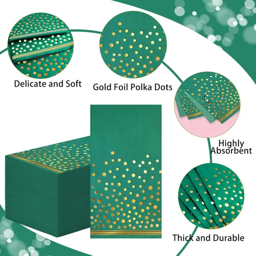 Miniatura 3 de 100 servilletas de papel verde – Servilletas de fiesta con puntos dorados, servilletas de cena verdes desechables para cumpleaños, baño, boda, Verde