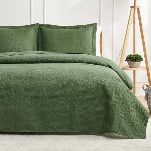 Miniatura 2 de Hansleep - Juego de edredón de tamaño King en verde oliva - Colcha de damasco ultrasónica para todas las estaciones, juego de ropa de cama suave