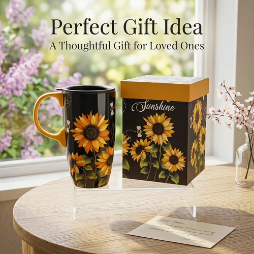 Miniatura 4 de Taza de viaje de cerámica de girasol de Topadorn con tapa y caja de regalo a juego, taza de café latte, 17oz. Hola, sol
