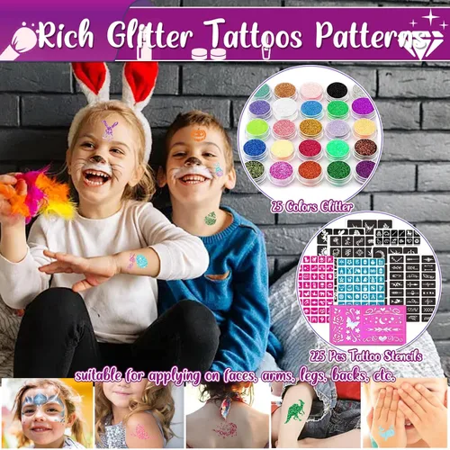 Miniatura 2 de TEUVO Kit de tatuaje con purpurina para niños con 25 colores, 225 plantillas, 6 bolígrafos, 2 hojas de diamantes de imitación, 5 pinceles, 3