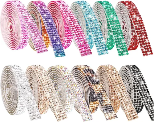 NiArt Cinta autoadhesiva de diamantes de imitación de cristal, 12 rollos de 0.35 in de ancho, total de 12 yardas, multifuncional, DIY decorativa, 12