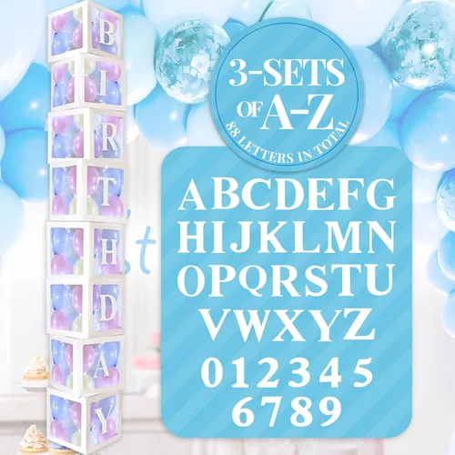Miniatura 8 de Sratte Caja de globos con letras y números, cajas de bloques transparentes con luces LED para decoración de fiesta de ducha, cumpleaños, boda, Blanco