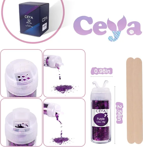 Miniatura 5 de Ceya Juego de purpurina gruesa de 32 colores, 11.28 onzas/11.29 oz de purpurina para manualidades en polvo mezclado con copos gruesos y finos cada