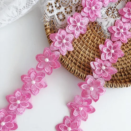 Cinta de organza con borde de encaje de flores de organza de 3 yardas, adornos vintage de tela bordada, apliques de costura para decoración de Rosa