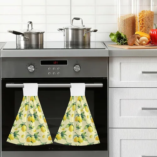 Miniatura 7 de Juego de 2 toallas de mano amarillas con lazo de fruta de limón y lazo de secado rápido, toallas suaves para cocina, platos de té, toallas