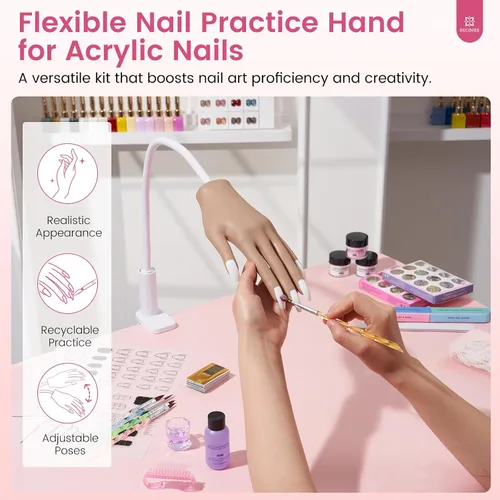 Miniatura 3 de Mano de práctica para uñas acrílicas Kit: Mano de silicona para práctica de uñas con kit de uñas para principiantes - Mano falsa flexible