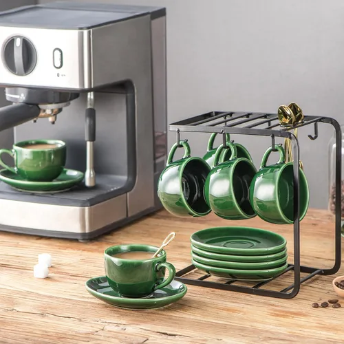Miniatura 7 de vicrays Tazas de café espresso de cerámica, juego de tazas de café expreso de porcelana de 4 onzas con platillos cucharas y soporte de metal