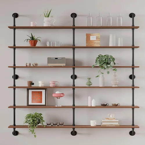 Miniatura 25 de HDDFER - Estantería industrial para tuberías rústicas en blanco, estantes de pared de tubería industrial con tablas de madera, estantes flotantes
