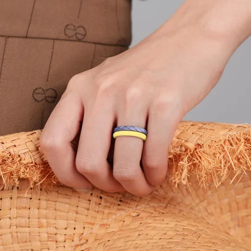 Miniatura 28 de Egnaro Anillos de boda de silicona para ella, conjuntos de novia de goma para mujer, bandas finas, diseño trenzado de hojas apilables con ranuras