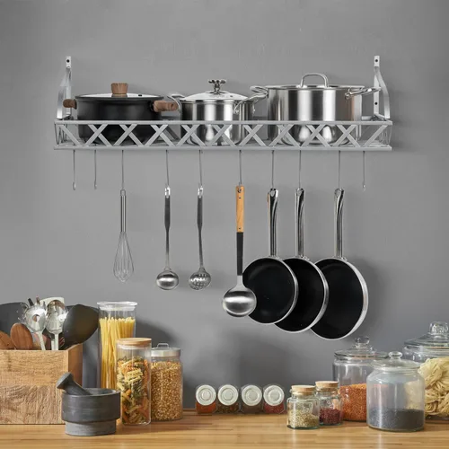 Miniatura 2 de MyGift Estante para ollas y sartenes de cocina de metal plateado montado en la pared con 12 ganchos en S extraíbles, almacenamiento de utensilios