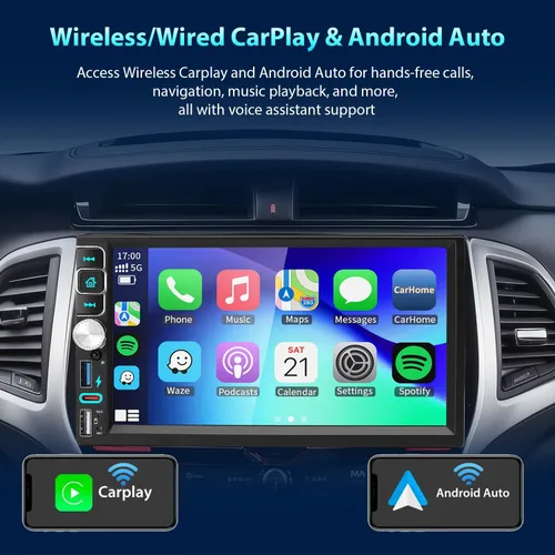 Miniatura 2 de Estéreo para coche de doble din, 7 pulgadas, pantalla táctil inalámbrica CarPlay/Android Auto Bluetooth, radio AM/FM, USB tipo C