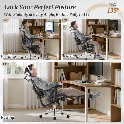 Miniatura 12 de Cozyman Silla de oficina ergonómica con reposapiés, soporte lumbar ajustable de 5 niveles y reclinación de 90-135°, reposacabezas 3D y reposabrazos