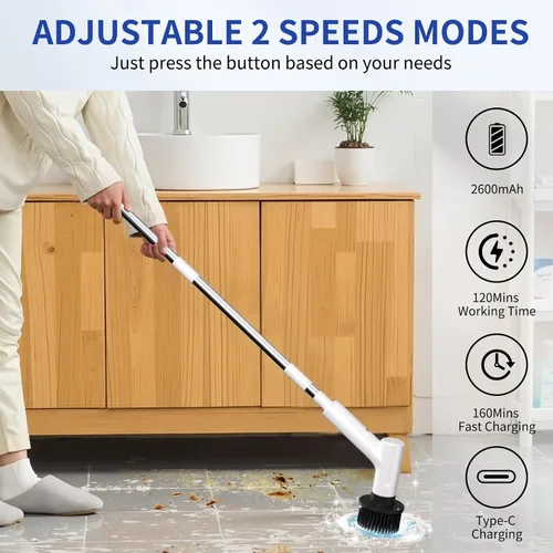 Miniatura 3 de Limpiador eléctrico giratorio, limpiador de ducha inalámbrico con 7 cabezales de cepillo de repuesto, IPX5 impermeable para baño con mango