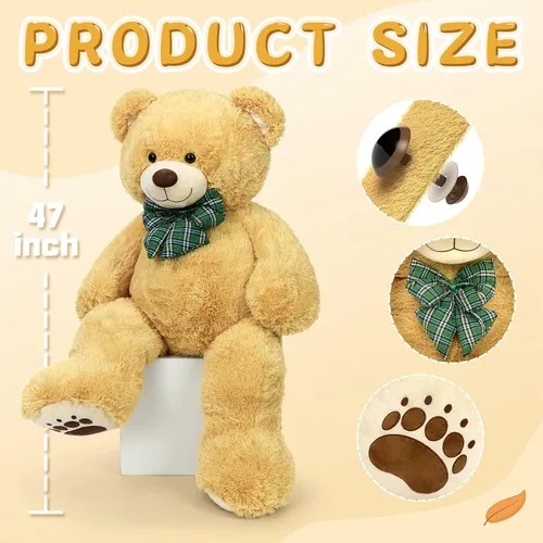 Miniatura 2 de Oso de peluche gigante de 4 pies, color marrón Lifesize Jumbo animal de peluche suave con pajarita y vientre grande para niños y niñas, oso