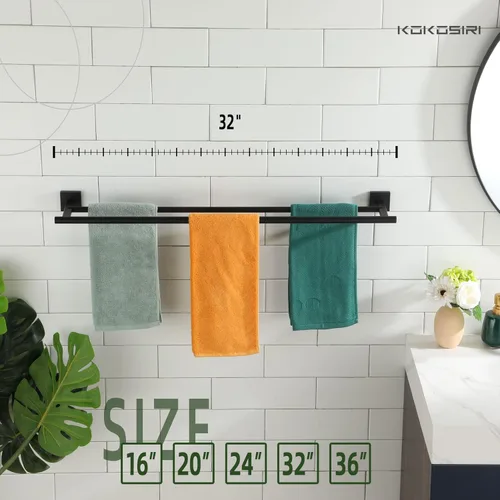 Miniatura 7 de KOKOSIRI Toalleros dobles de 32 pulgadas para baño, color negro mate, soporte para toallas de baño de 32 pulgadas para pared de baño, acero