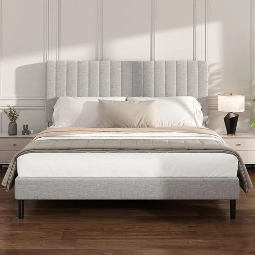 Miniatura 8 de Base de cama de plataforma de tamaño matrimonial con cabecera capitoné de canal vertical, no necesita somier, sin ruido, fácil montaje, terciopelo