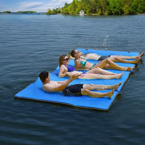 GYMAX Almohadilla flotante de agua, esterilla de espuma de agua de 9 pies / 18 pies x 6 pies con almohada rodante, isla flotante de 3 capas para
