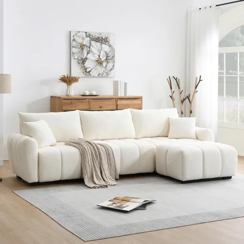 Miniatura 3 de Merax Moderno juego de sofá Boucle en forma de L con una otomana móvil y almohadas, sofá modular de 4 asientos con asiento extragrande para sala