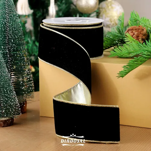 Miniatura 5 de Cinta de terciopelo negro con alambre de 2.5 pulgadas x 10 yardas, cinta de Navidad negra y dorada con parte trasera dorada, cinta de terciopelo