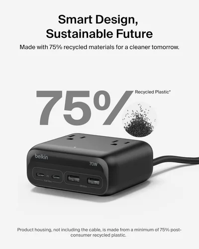Miniatura 7 de Belkin GaN Estación de carga de 70 W, cargador USB C dual 7 en 1 con 3 salidas de CA, 2 puertos USB A, regleta de alimentación para iPhone, Apple