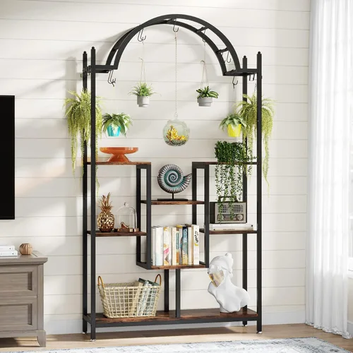 Miniatura 4 de Tribesigns Soporte alto para plantas de interior de 5 niveles, estante de flores de metal arqueado de 74.8 pulgadas con ganchos para colgar, estante