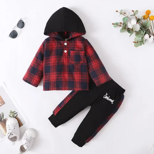 Miniatura 2 de VOLUOVO Conjunto de sudadera con capucha y bolsillo a cuadros para bebés y niños pequeños