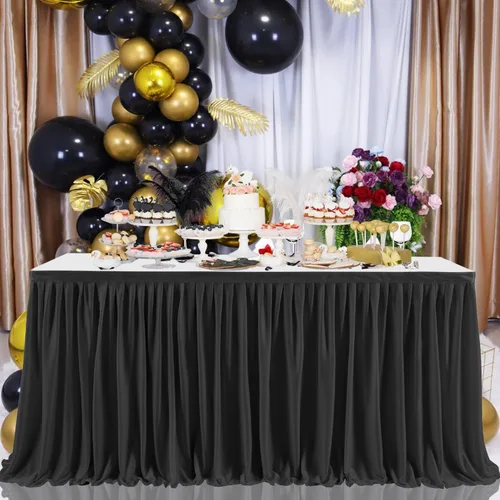 Miniatura 6 de Falda de mesa plisada para escritorio rectangular, baby shower, boda, cumpleaños, revelación de género, fiesta, postre y decoración de pasteles Negro
