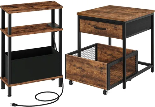 CHOEZON Mesa auxiliar estrecha y mini soporte para refrigerador con almacenamiento, mesa auxiliar delgada con cesta de tela, mini gabinete de nevera