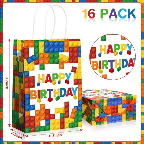 Miniatura 2 de Marspark 16 bolsas de regalo de bloque de construcción para fiestas, ladrillos de color, papel kraft con asa para cumpleaños, baby shower, bloques