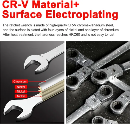 Miniatura 2 de WISEUP - Llave de trinquete CR-V forjada, llave de trinquete de cabeza flexible de 10 mm, llave de diseño industrial de doble uso, herramientas