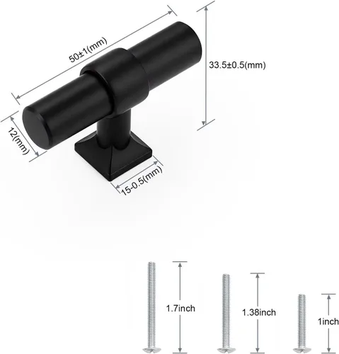 Miniatura 3 de Paquete de 5 pomos de gabinete negro mate, tiradores de gabinete de un solo agujero para cocina y baño, manija de barra en T de acero inoxidable