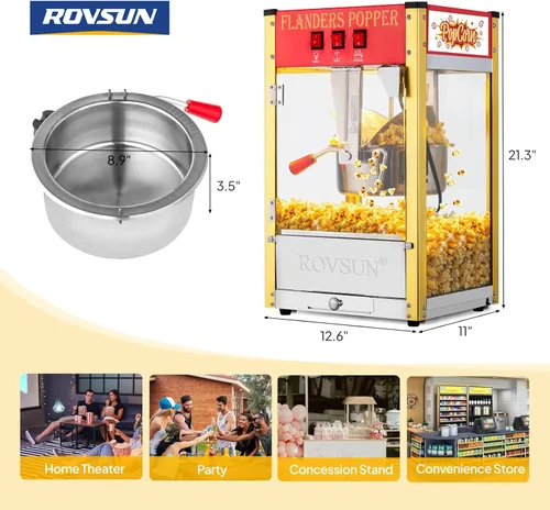 Miniatura 7 de Máquina de palomitas de maíz ROVSUN con hervidor de 8 onzas, hace hasta 32 tazas, máquina de palomitas de maíz comercial para encimera, con cuchara