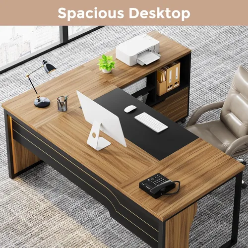 Miniatura 6 de Escritorio ejecutivo para computadora en forma de L con archivador móvil y luz LED, mesa de oficina grande de 63 pulgadas, muebles de negocios