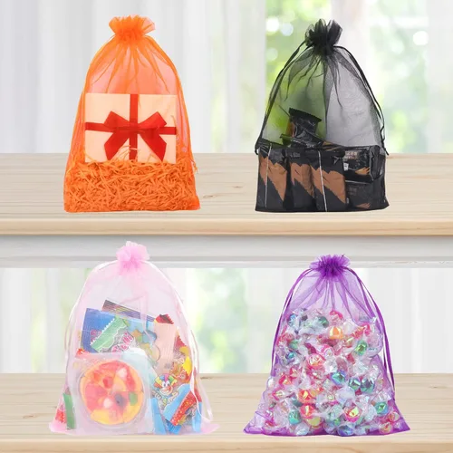 Miniatura 6 de Zwish Paquete de 100 bolsas de regalo de organza de 8 x 12 pulgadas, 10 colores sólidos mezclados para dulces, chocolate, fiesta, Navidad, regalo