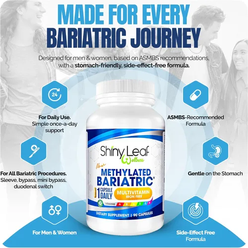 Miniatura 6 de Shiny Leaf Multivitamínico bariátrico metilado sin hierro - Vitaminas para bypass gástrico y manga, 1 cápsula diaria W Folato metilado, B12, A, C