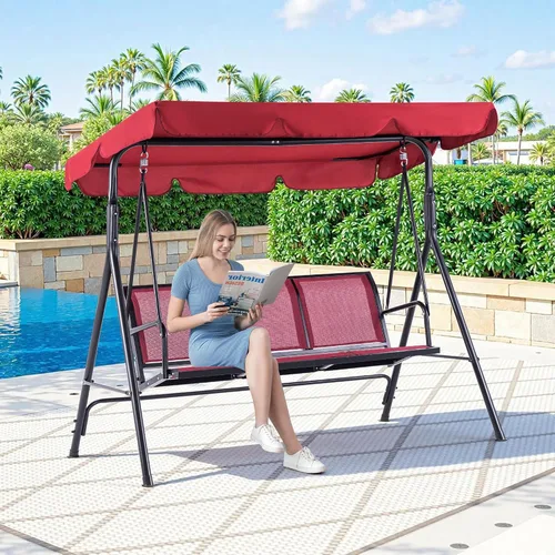 Miniatura 9 de Mcombo 4507 - Silla columpio para patio exterior, para 3 personas, con montura de acero, asientos de textilencia y toldo (color borgoña)