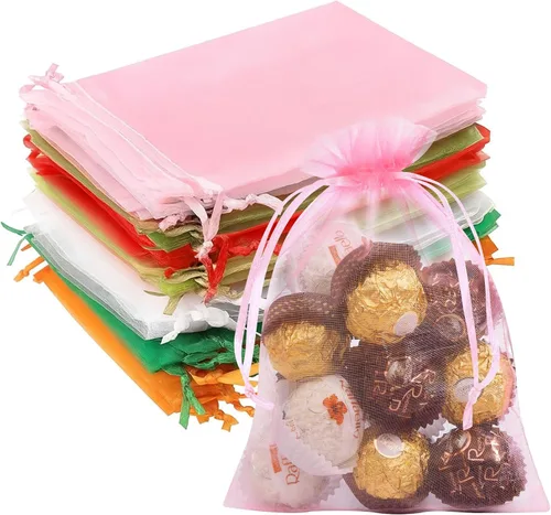 Miniatura 52 de Bolsas de organza de 3x4 pulgadas, 50 paquetes de pequeñas bolsas de regalo de malla con cordón, bolsas de muestra para fiesta, boda, baby shower