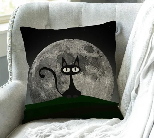 Miniatura 3 de Swono Funda de cojín de arpillera con diseño de gato negro en una hermosa noche con luna llena, funda de cojín decorativa para sofá, sofá, cuadrado