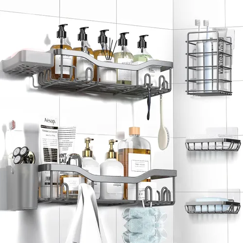Miniatura 13 de NESOMI Organizador de Ducha Adhesivo Juego de 7 Piezas, Estantes de Baño de Acero Inoxidable a Prueba de Óxido, Accesorios de Almacenamiento sin