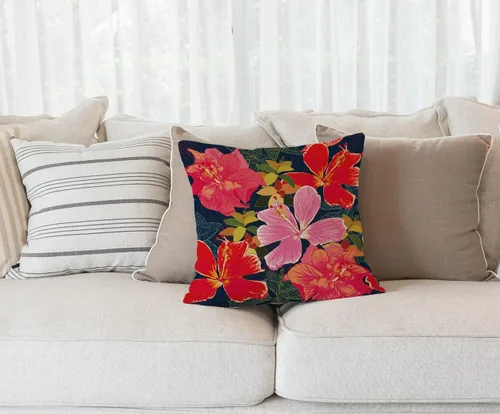 Miniatura 59 de Solekla Funda de almohada cuadrada de lino y algodón con flores blancas y negras, funda de cojín decorativa para sofá de 18 x 18 pulgadas Sl157