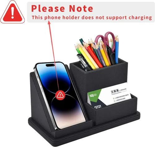 Miniatura 5 de Organizador de escritorio de piel sintética para bolígrafos/lápices, caja de almacenamiento multifunción para teléfono celular/control remoto con 3