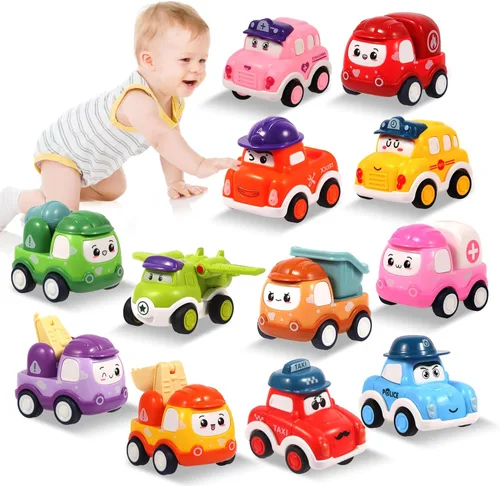 12 piezas de juguetes de coches de tracción para niños de 1 2 3 años, juguetes de coches de bebé para niños de 12 a 18 meses, juego de coches de