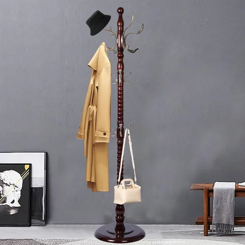 Miniatura 9 de Percheros de pie con 14 ganchos, perchero de madera natural con base redonda sólida, percheros de altura ajustable, fácil montaje para pasillo