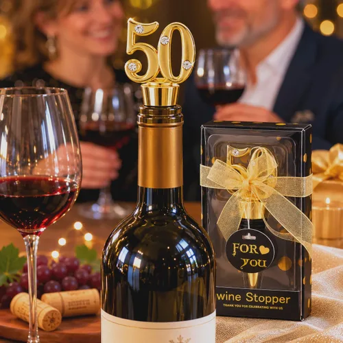Miniatura 7 de Paquete de 24 recuerdos de fiesta de cumpleaños 50 para invitados, tapones para botellas de vino de 50 años con caja de regalo, tapones de vino