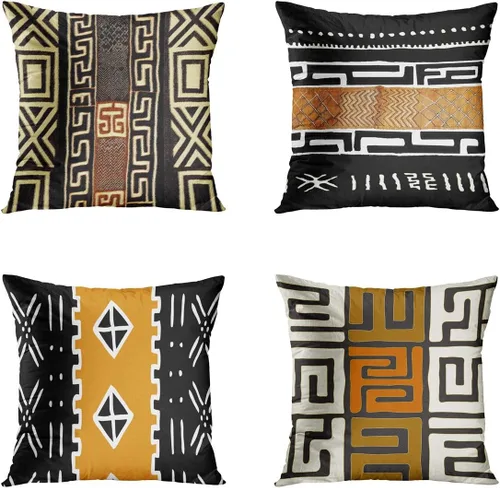 Juego de 4 fundas de almohada de 16 x 16 pulgadas, diseño tribal africano, tela de barro, inspirada en colores de la tierra, geométrica, decoración